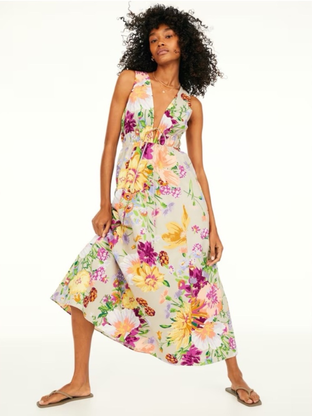 H&M Taupe Floral Linen Blend V-Neck Plunge Maxi Summer Dress (no sz tag) ? XL